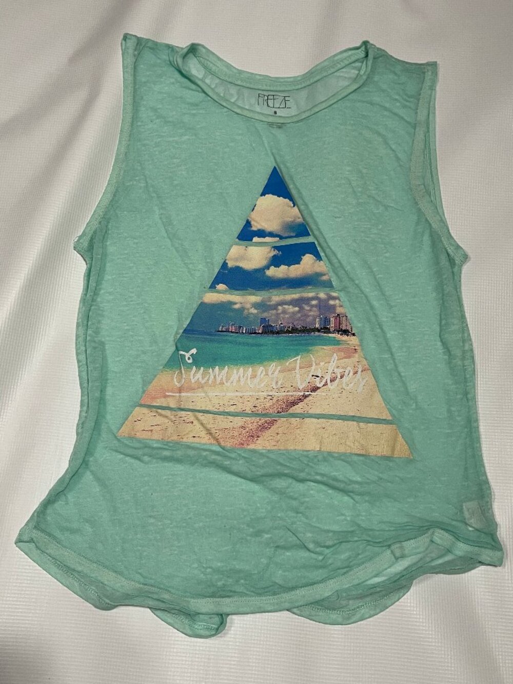 Freeze Summer Vibes Graphic Tank Top, Aqua/Teal Burnout Muscle Tee, Women's Smal